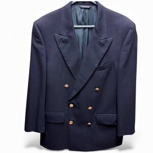 Vintage BURBERRYS' Navy Blue Double Breasted Blazer 42 Gold Buttons Wool EUC
